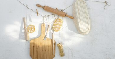 a white wall with various items hanging on it